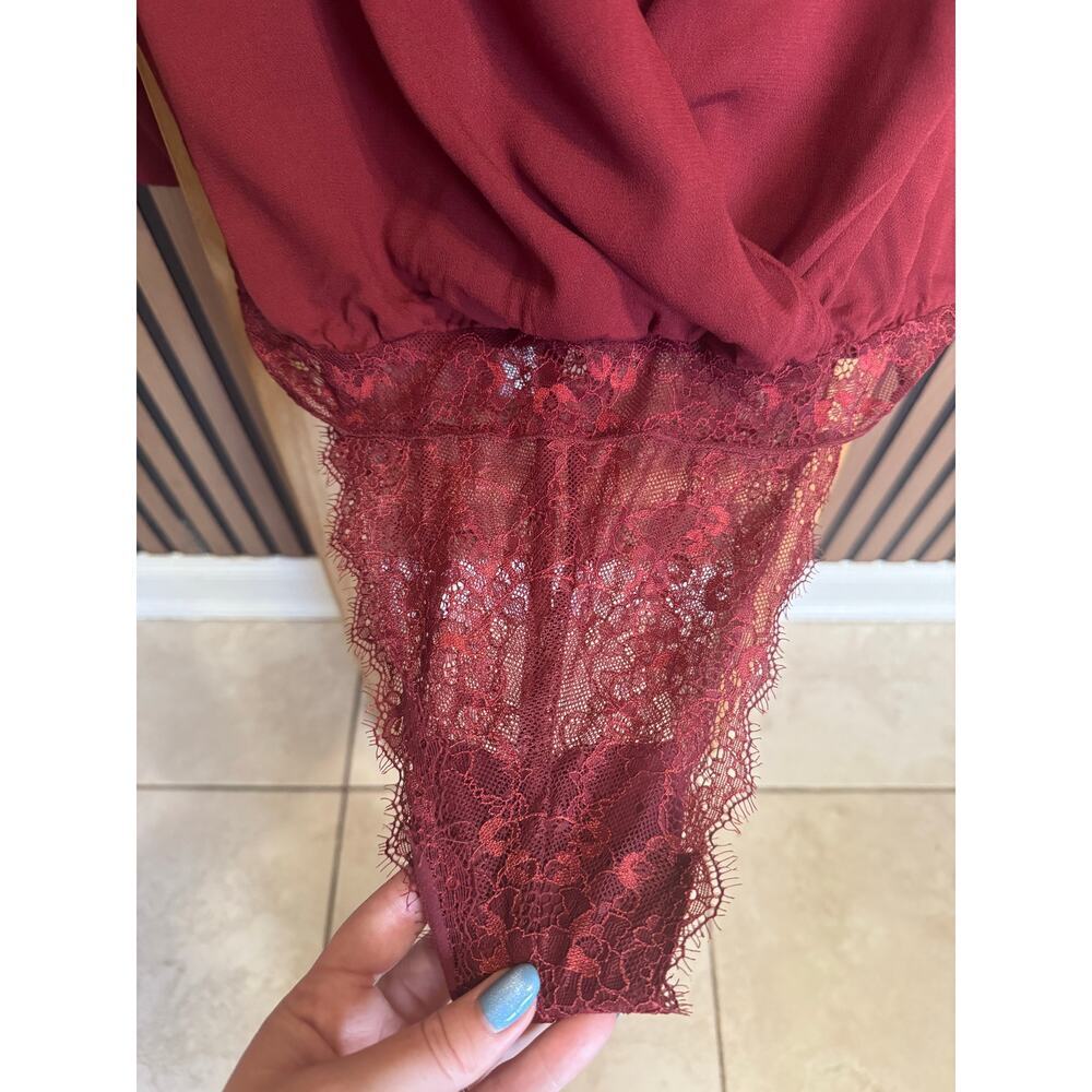 Free People Elsa Bodysuit Surplice Deep V Blouse Burgundy Size Large NWT - Picture 7 of 9